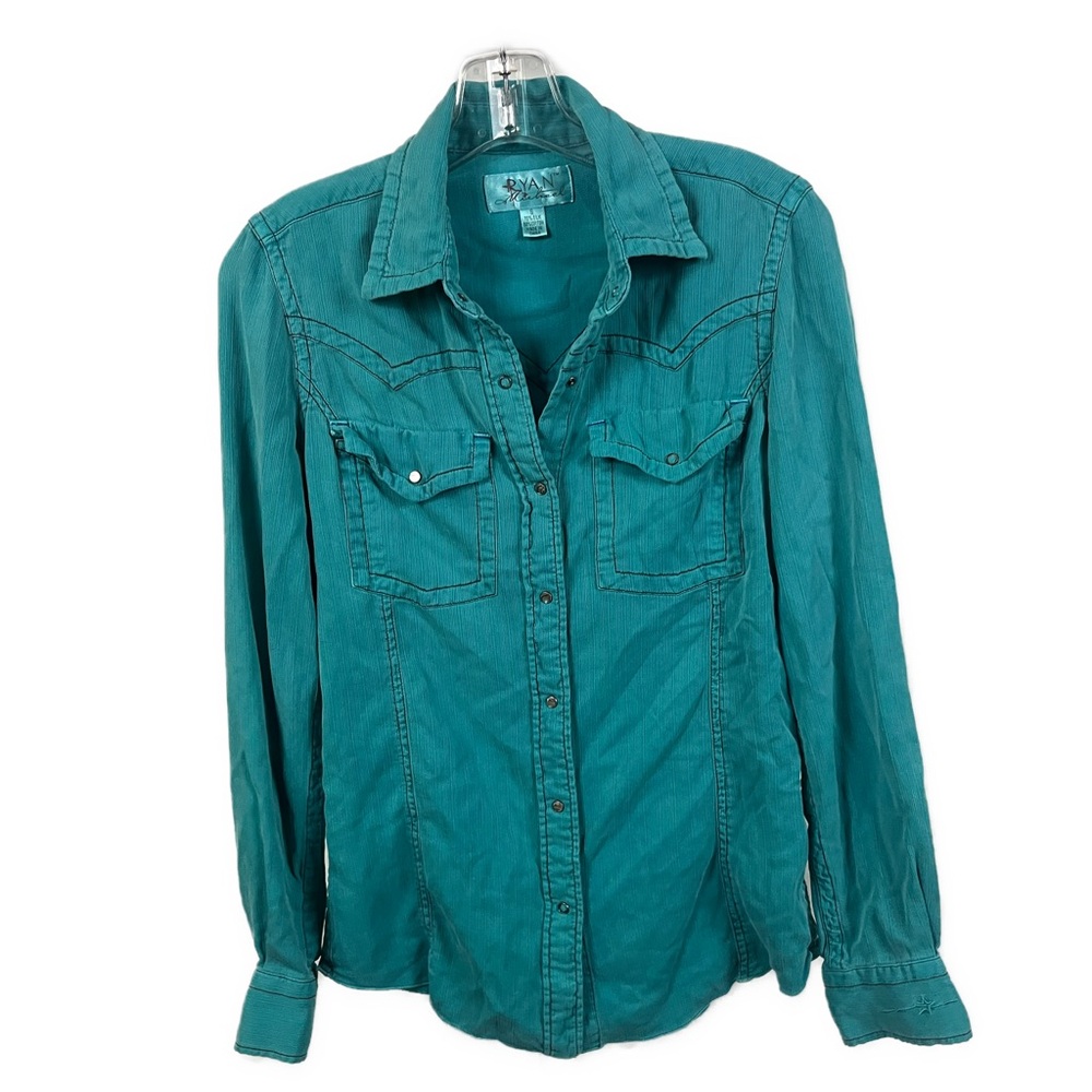 Ryan Michael Vintage Women’s Silk Blend Western Pearl Snap Blue Shirt Size Small